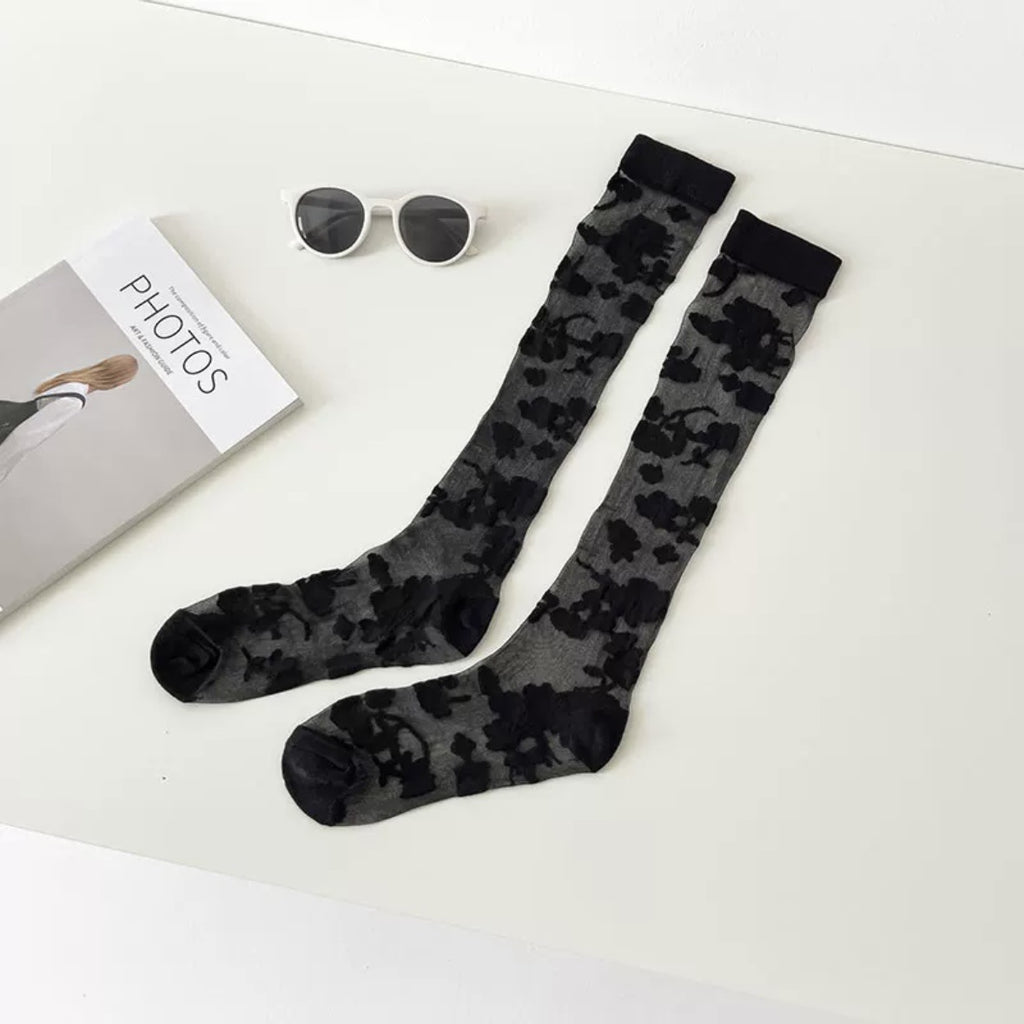 Sheer Floral Lace Knee High Socks - Black