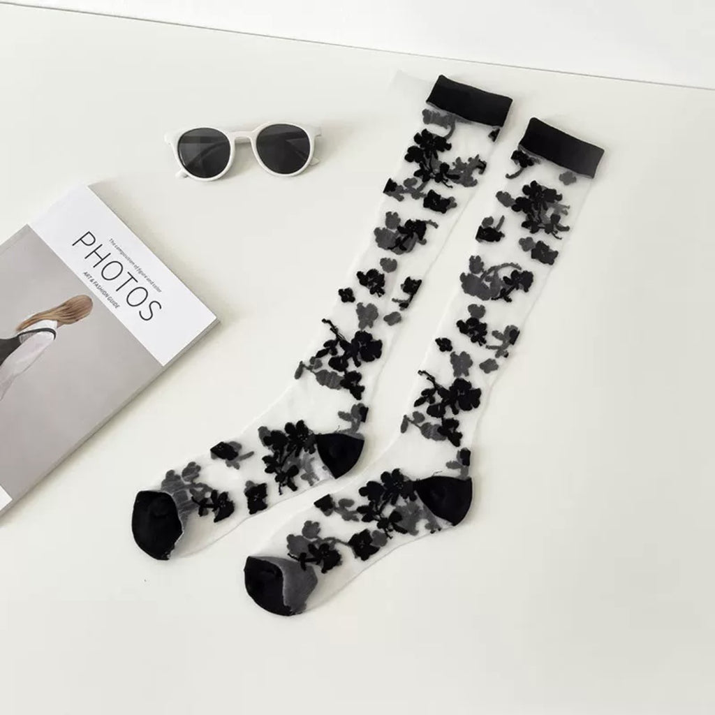 Sheer Floral Lace Knee High Socks - Black_01