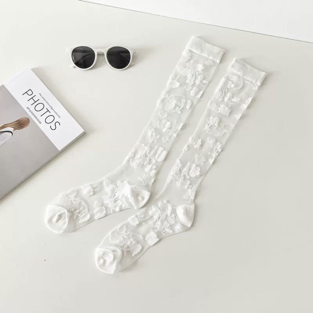 Sheer Floral Lace Knee High Socks - White