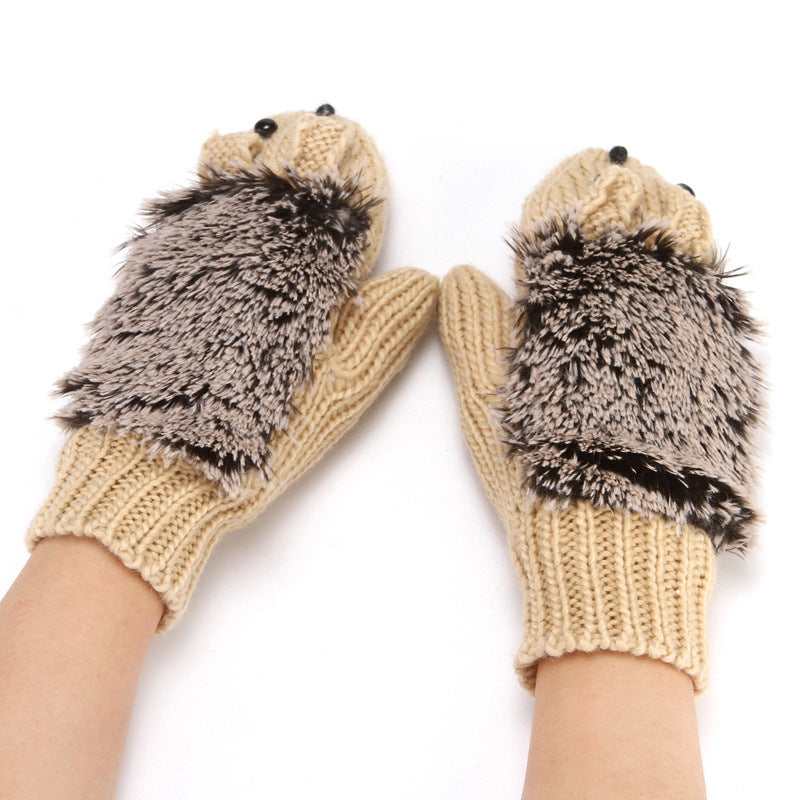 Hedgehog Convertible Fingerless Knit Gloves - Beige - 1