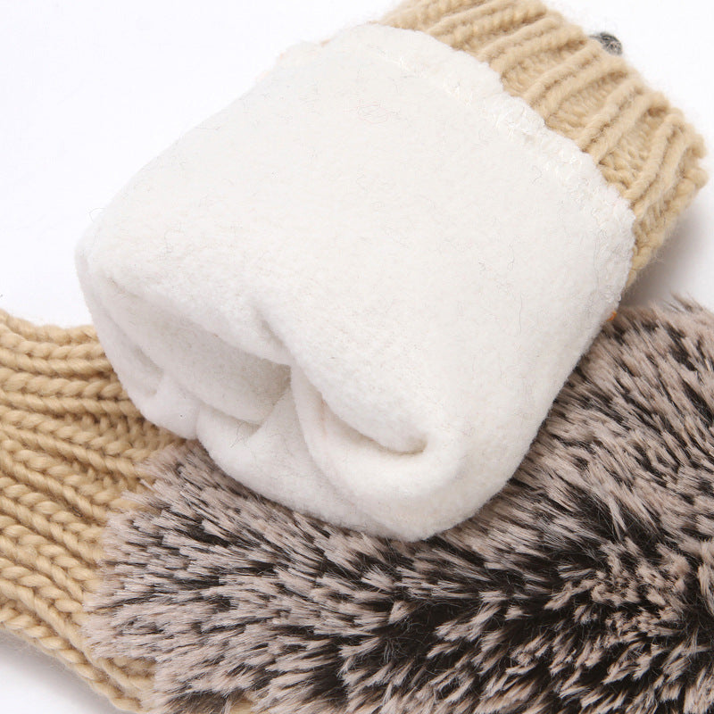 Hedgehog Convertible Fingerless Knit Gloves - Beige - 5