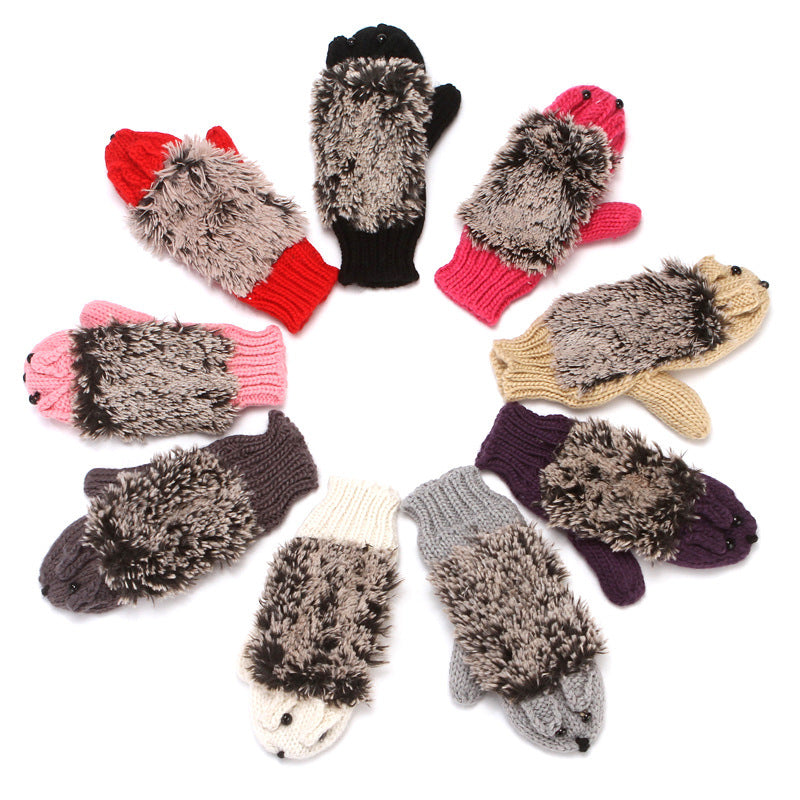 Hedgehog Convertible Fingerless Knit Gloves - Beige - 6