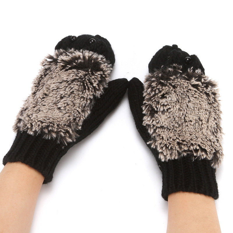 Hedgehog Convertible Fingerless Knit Gloves - Black