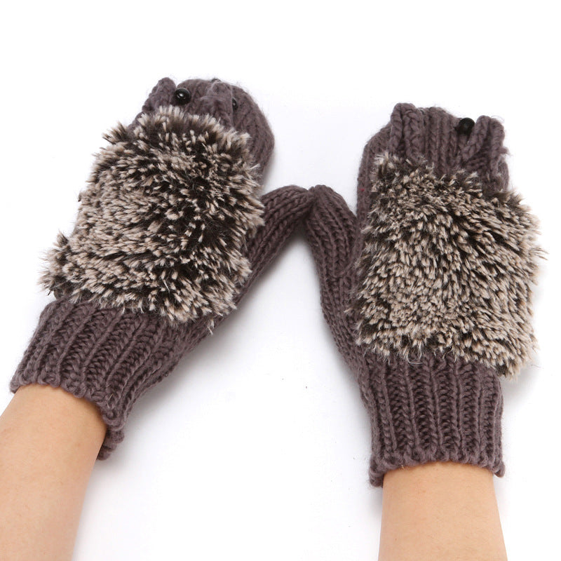 Hedgehog Convertible Fingerless Knit Gloves - DarkGrey