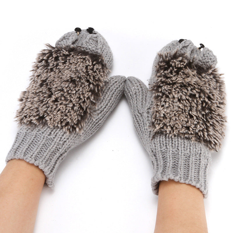 Hedgehog Convertible Fingerless Knit Gloves - Gray