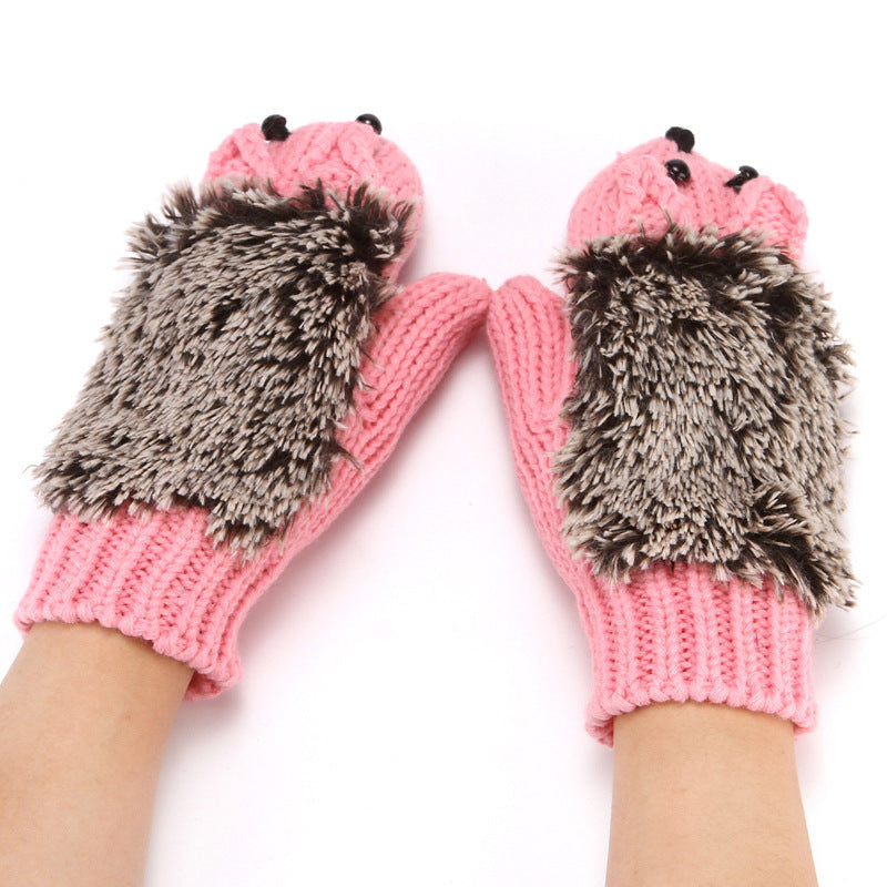Hedgehog Convertible Fingerless Knit Gloves - Pink
