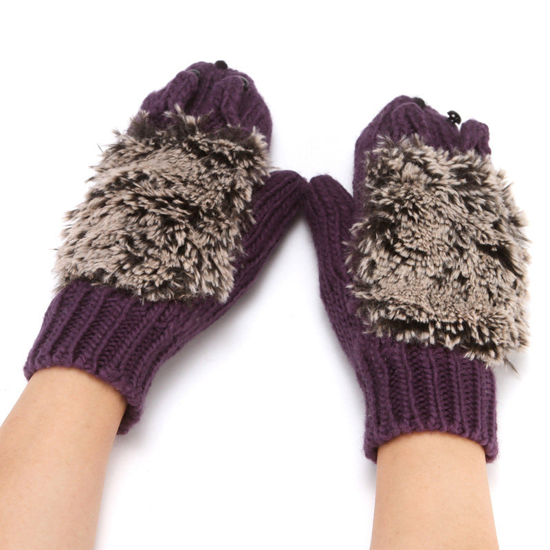 Hedgehog Convertible Fingerless Knit Gloves - Purple