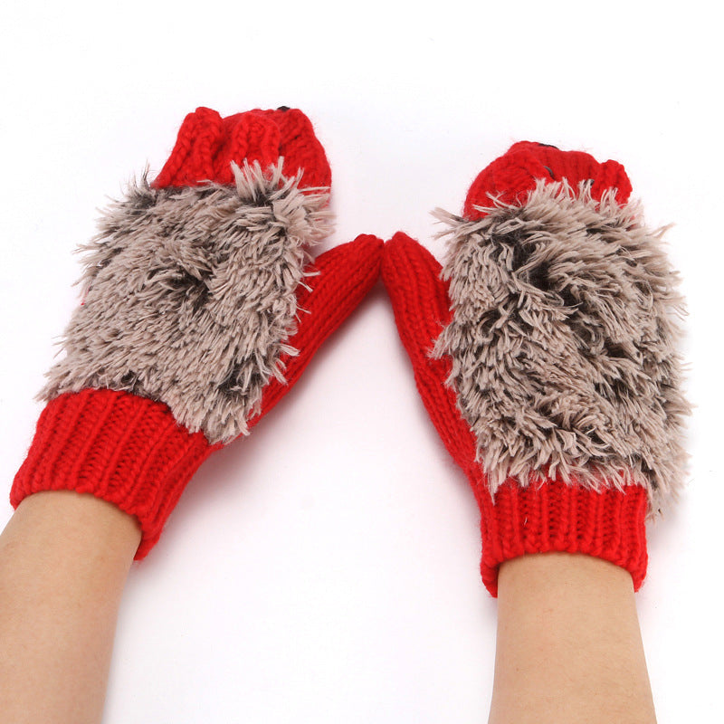 Hedgehog Convertible Fingerless Knit Gloves - Red