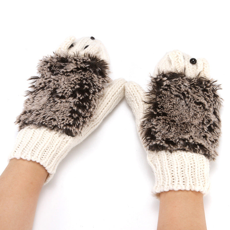 Hedgehog Convertible Fingerless Knit Gloves - White