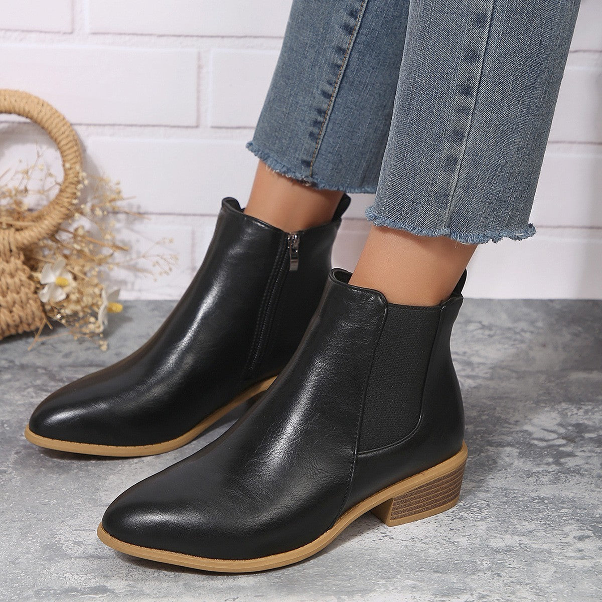 Pointed Toe Chelsea Ankle Boots with Side Zip - Glossy Black