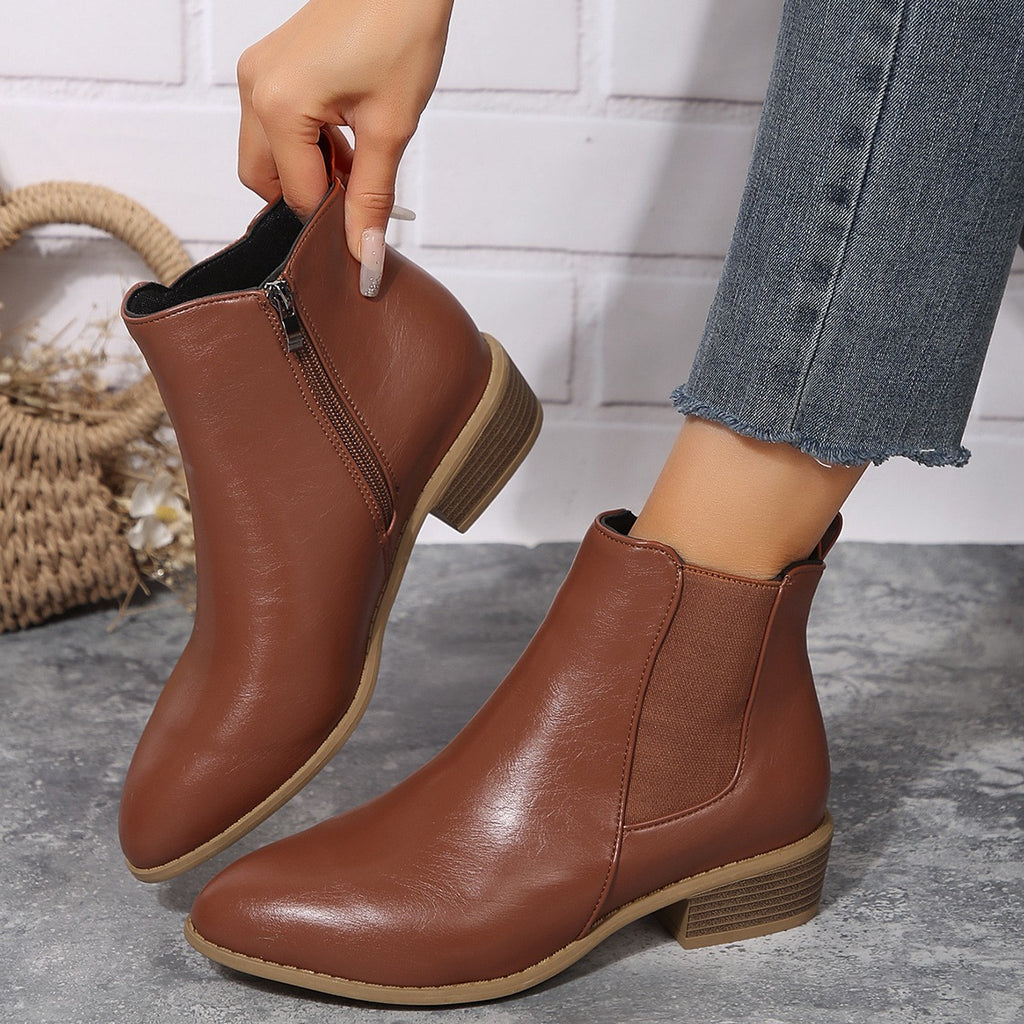 Pointed Toe Chelsea Ankle Boots with Side Zip - Glossy Brown