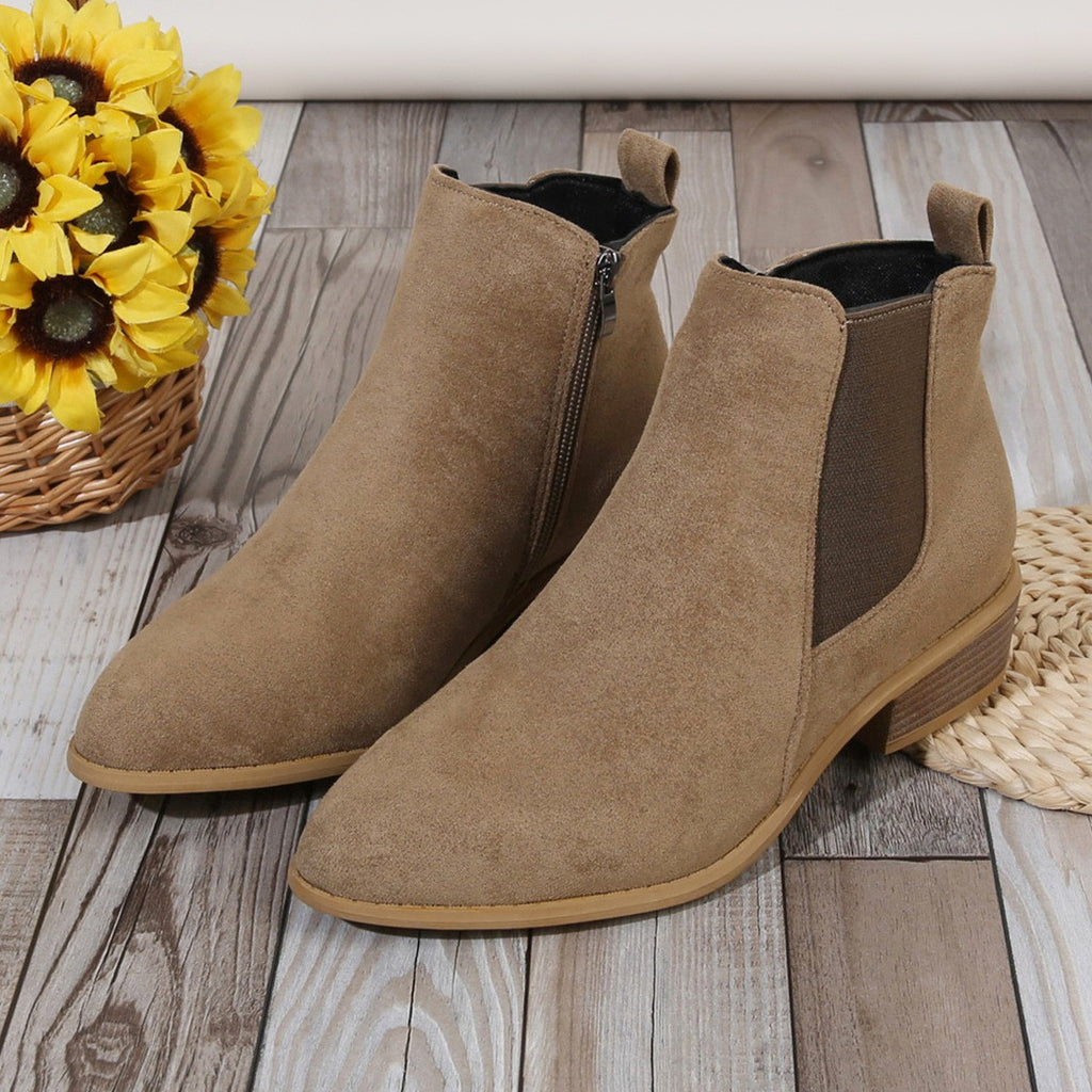 Pointed Toe Chelsea Ankle Boots with Side Zip - Khaki