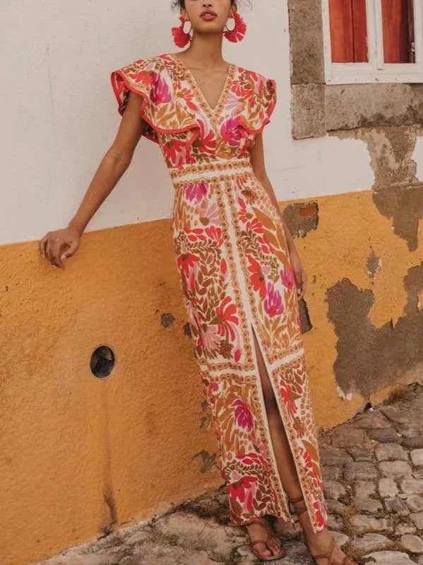 Floral Ruffle Sleeve Backless Maxi Dress