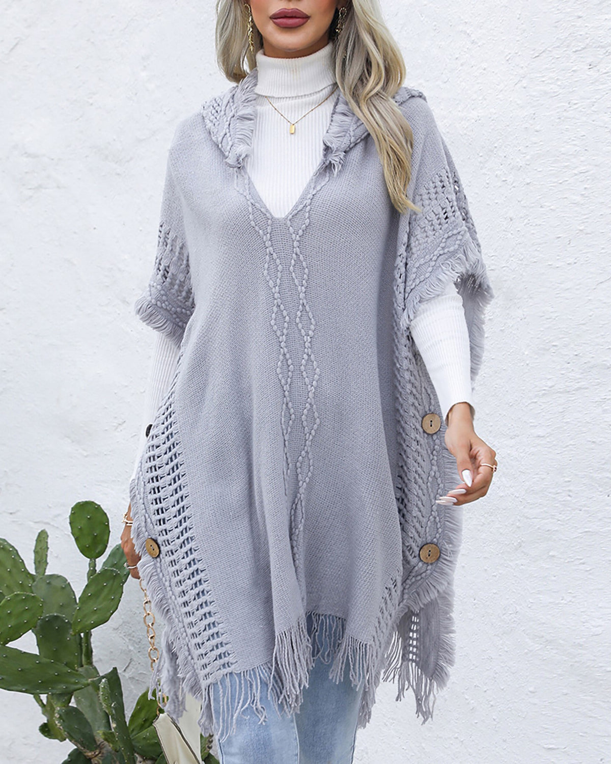Hooded Fringe Trim Knit Poncho Wrap - ash