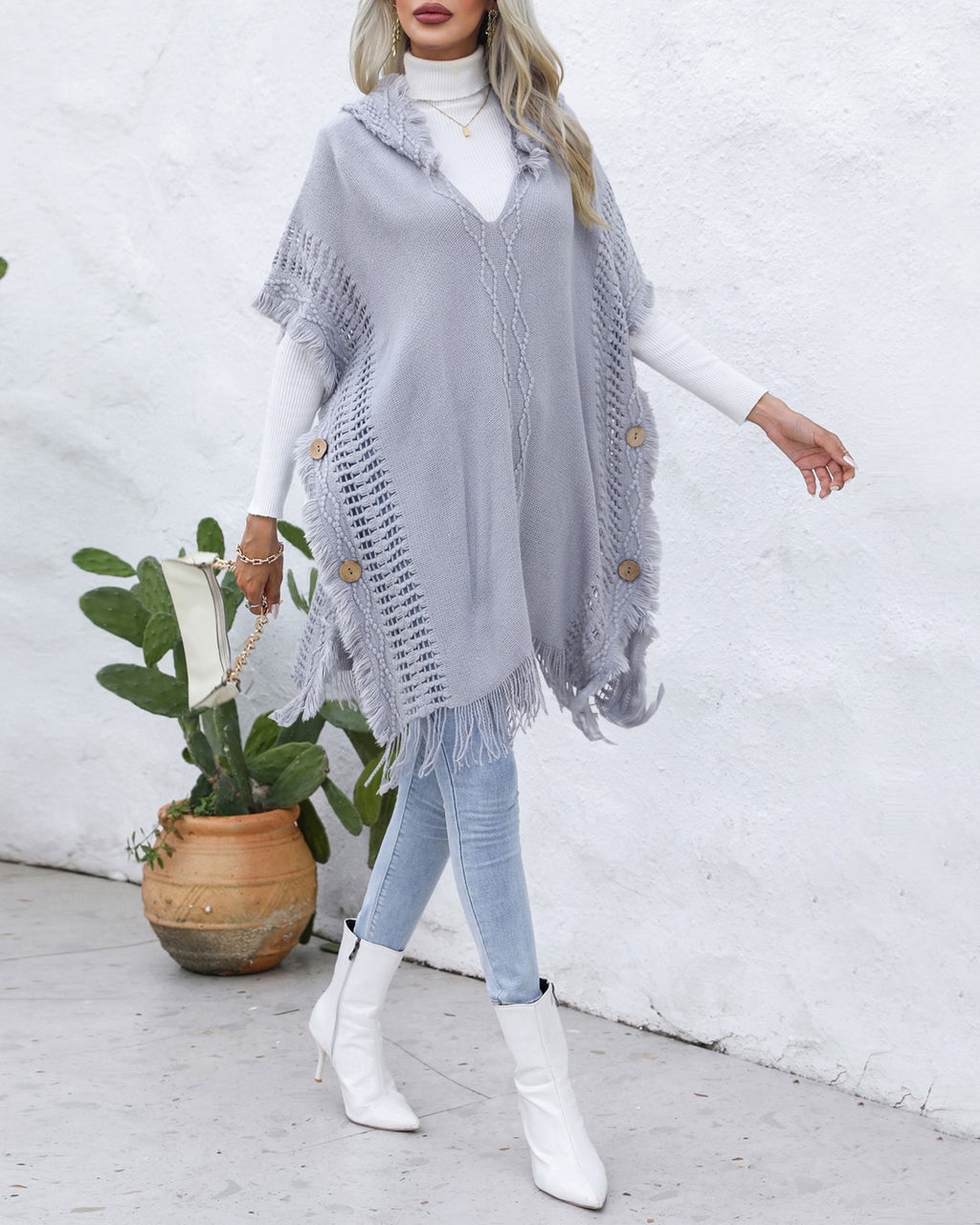 Hooded Fringe Trim Knit Poncho Wrap - ash - 1