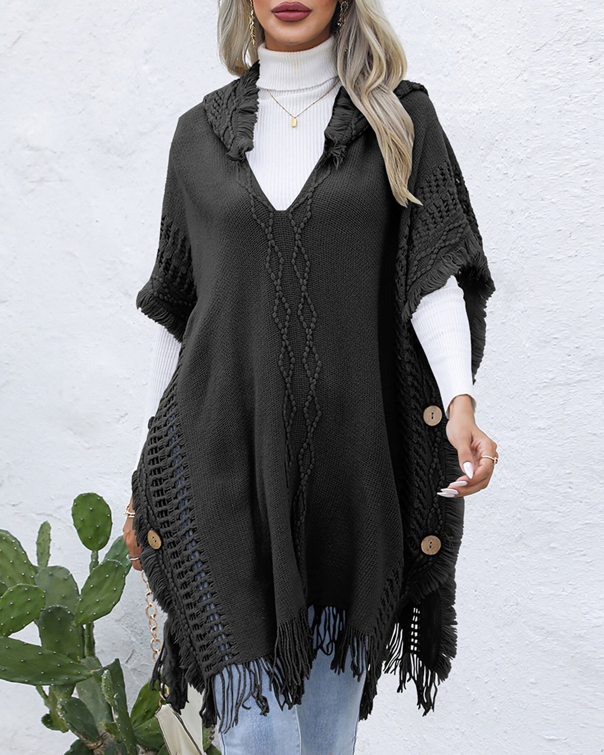 Hooded Fringe Trim Knit Poncho Wrap - black