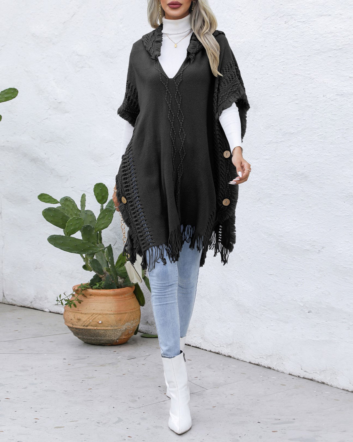 Hooded Fringe Trim Knit Poncho Wrap - black - 1