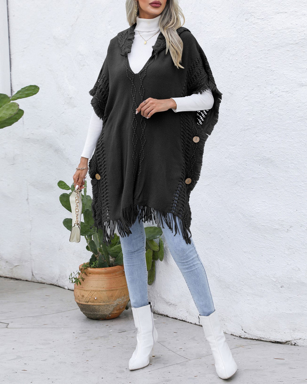 Hooded Fringe Trim Knit Poncho Wrap - black - 2