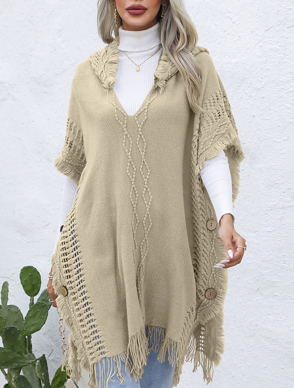 Hooded Fringe Trim Knit Poncho Wrap - khaki