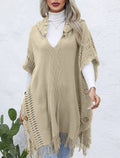 Hooded Fringe Trim Knit Poncho Wrap - khaki
