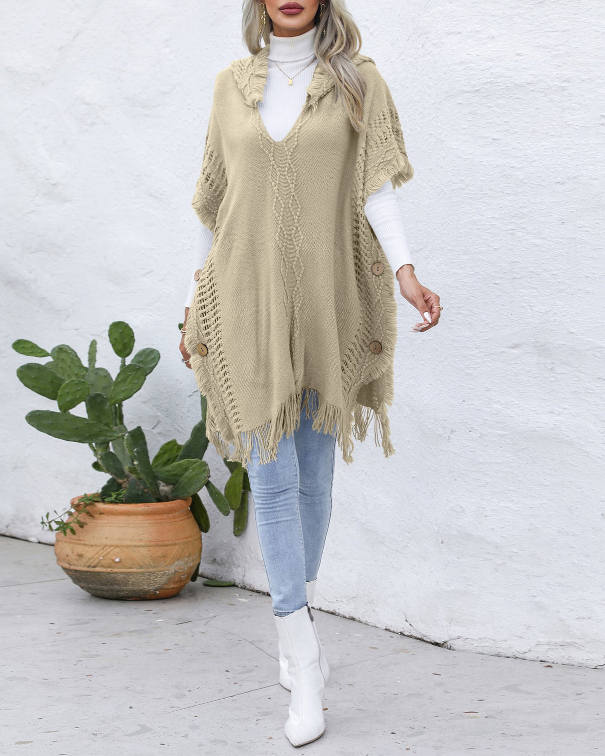 Hooded Fringe Trim Knit Poncho Wrap - khaki - 1
