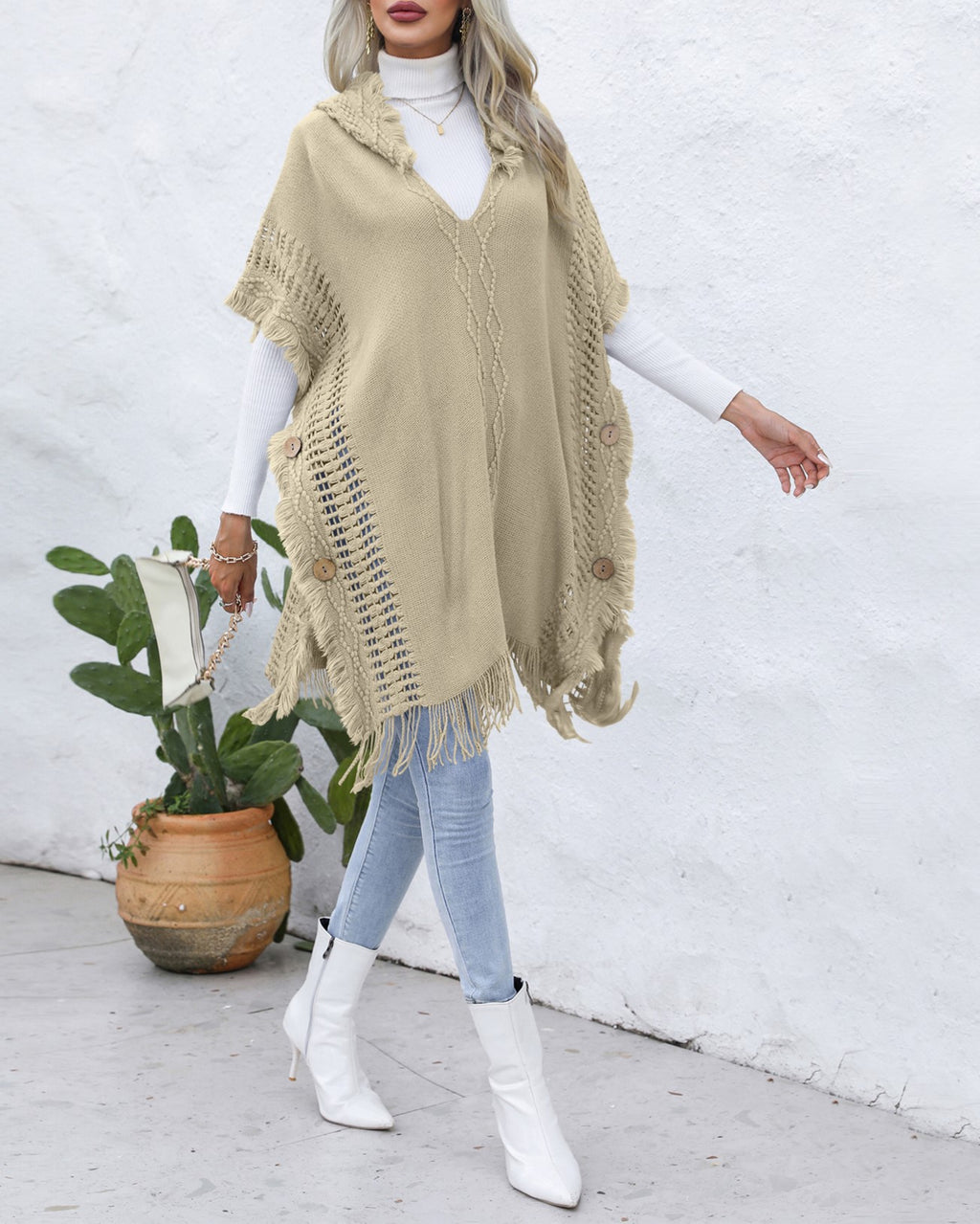 Hooded Fringe Trim Knit Poncho Wrap - khaki - 2