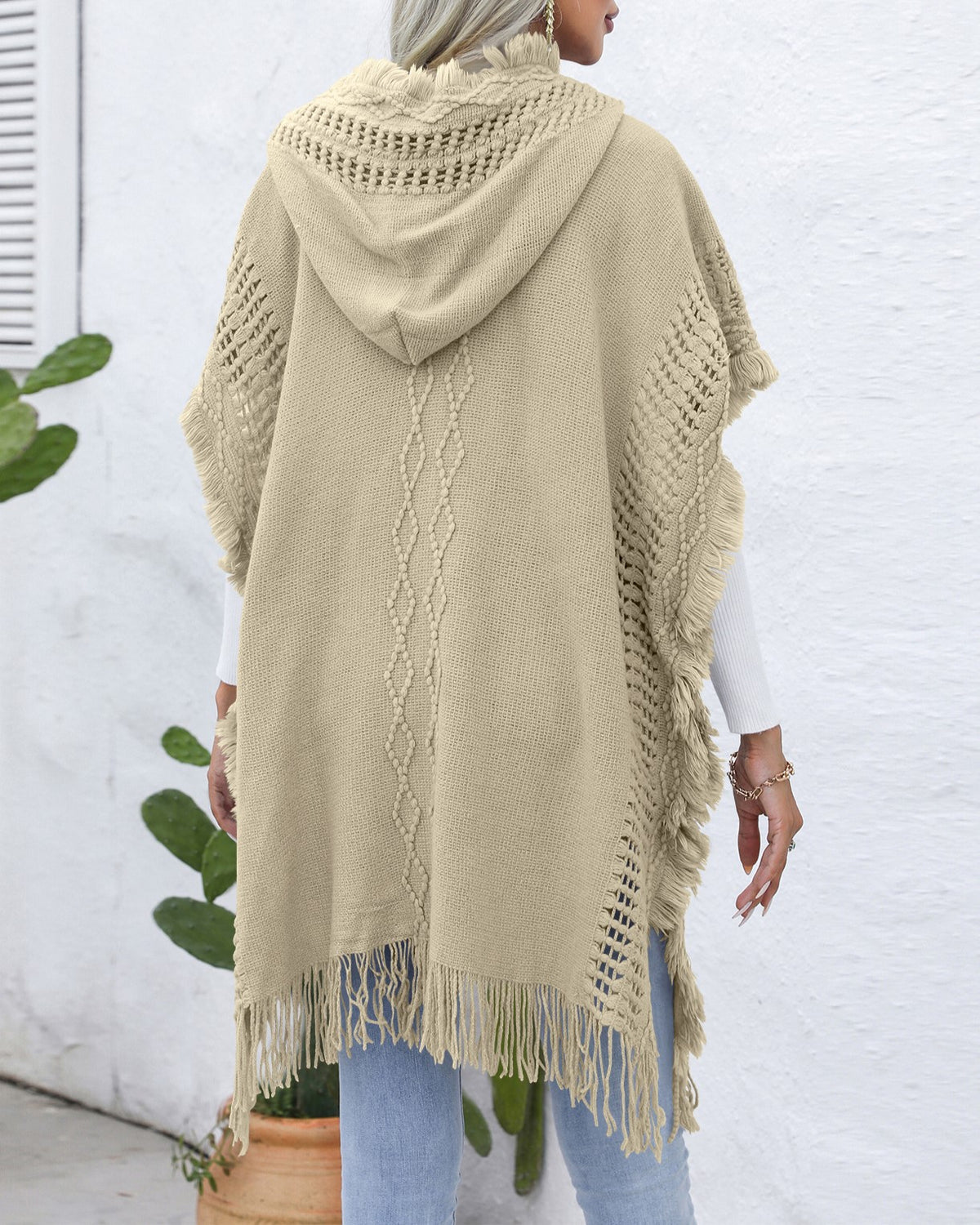 Hooded Fringe Trim Knit Poncho Wrap - khaki - 3