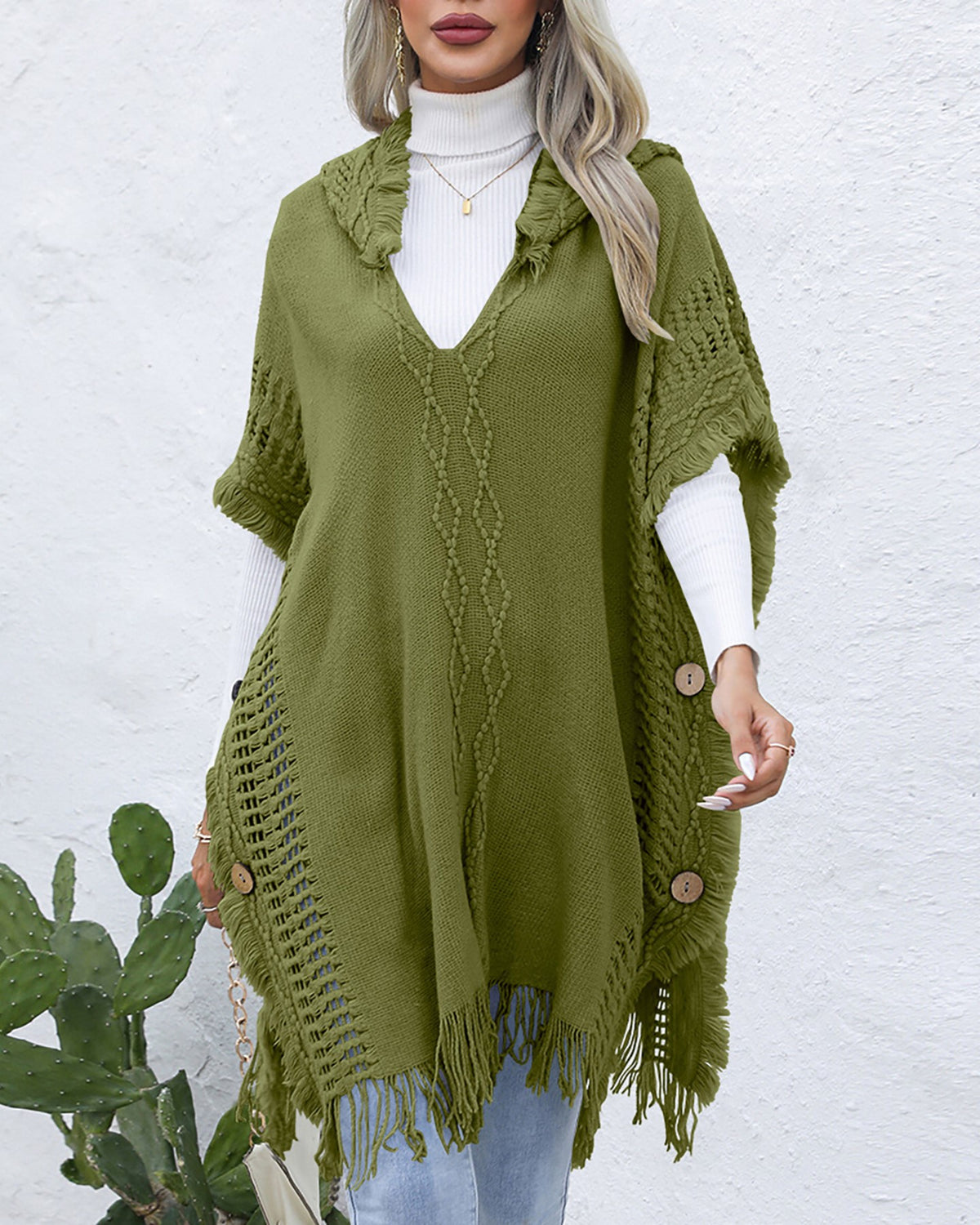 Hooded Fringe Trim Knit Poncho Wrap - olive