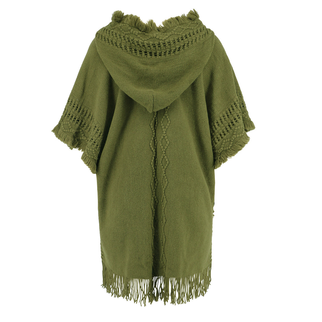 Hooded Fringe Trim Knit Poncho Wrap - olive - 1