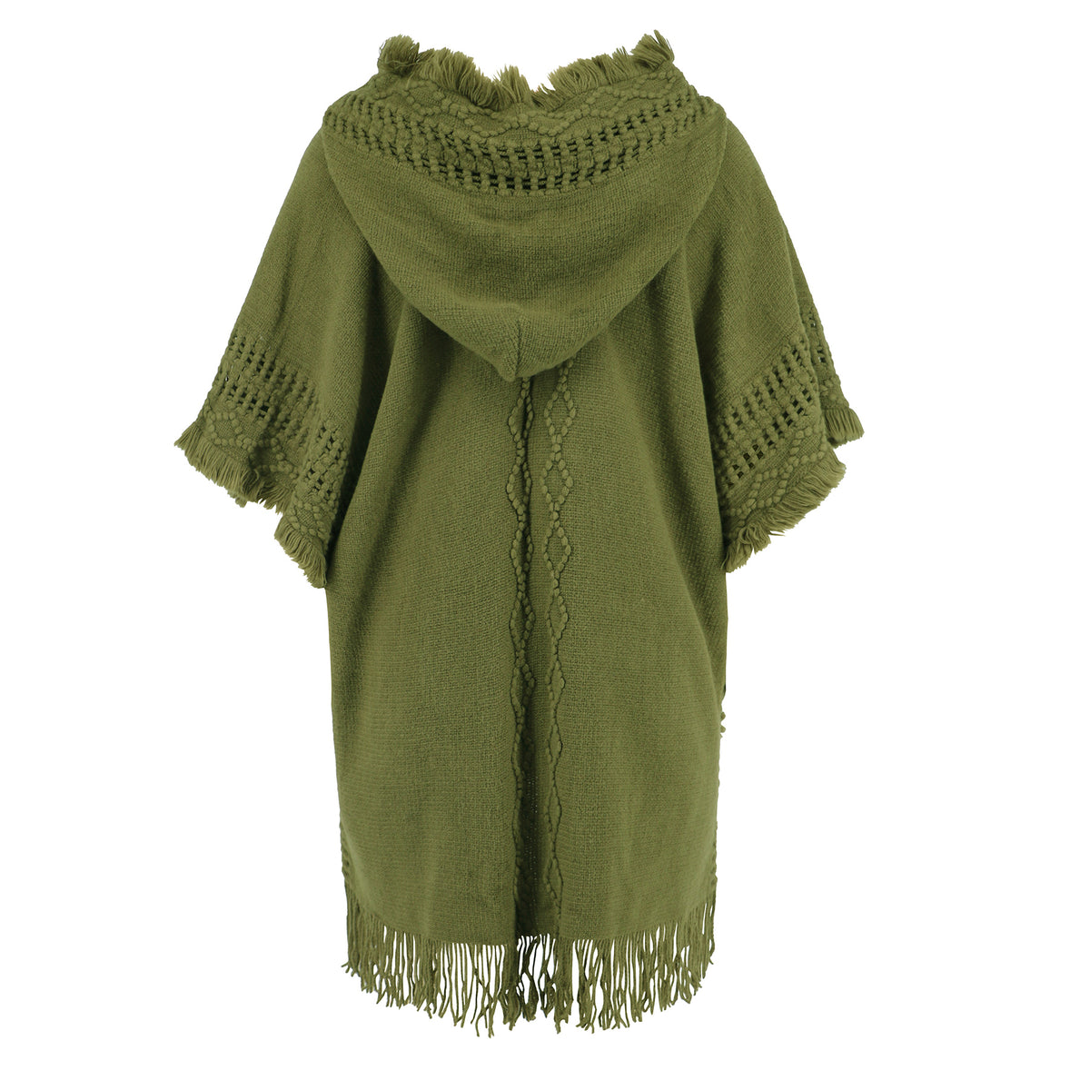 Hooded Fringe Trim Knit Poncho Wrap - olive - 1