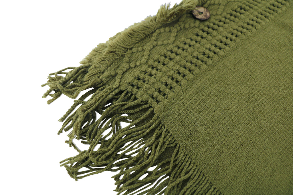 Hooded Fringe Trim Knit Poncho Wrap - olive - 3