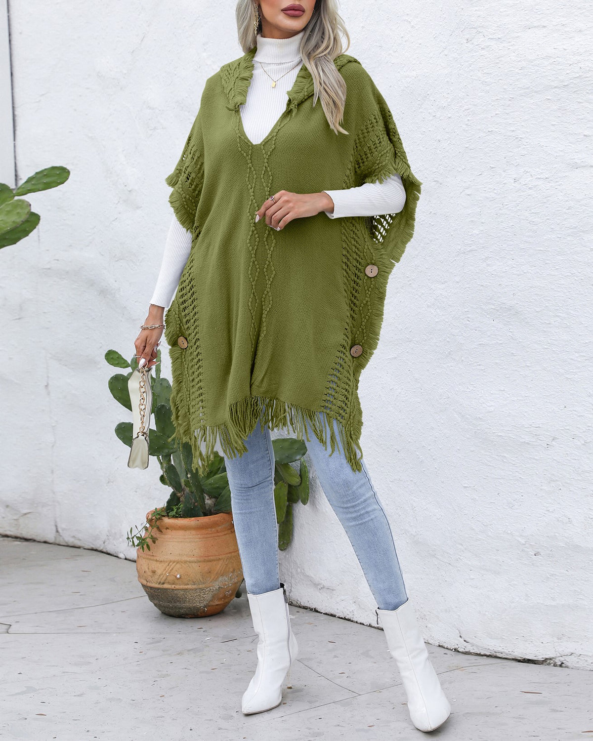 Hooded Fringe Trim Knit Poncho Wrap - olive - 4