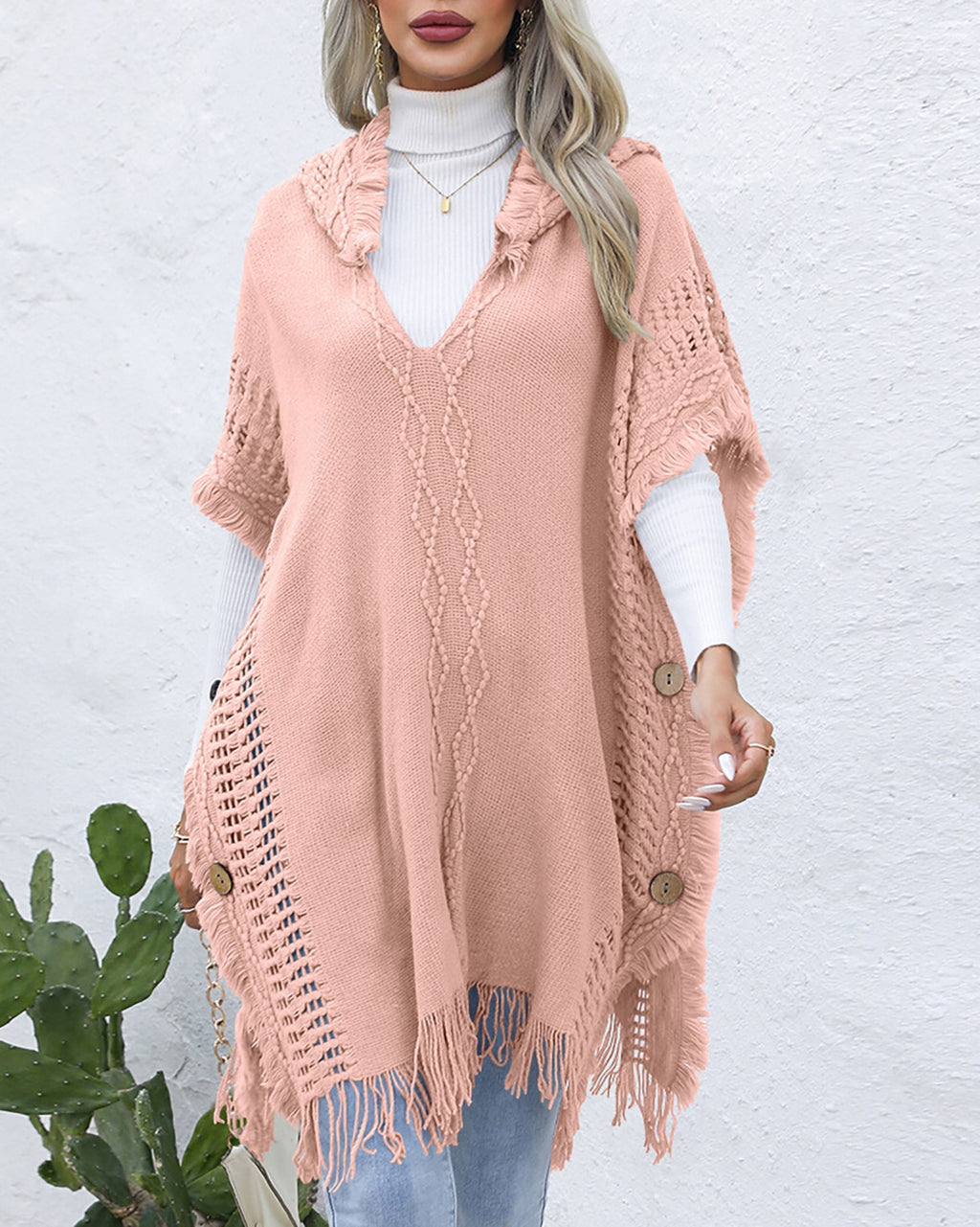 Hooded Fringe Trim Knit Poncho Wrap - pink