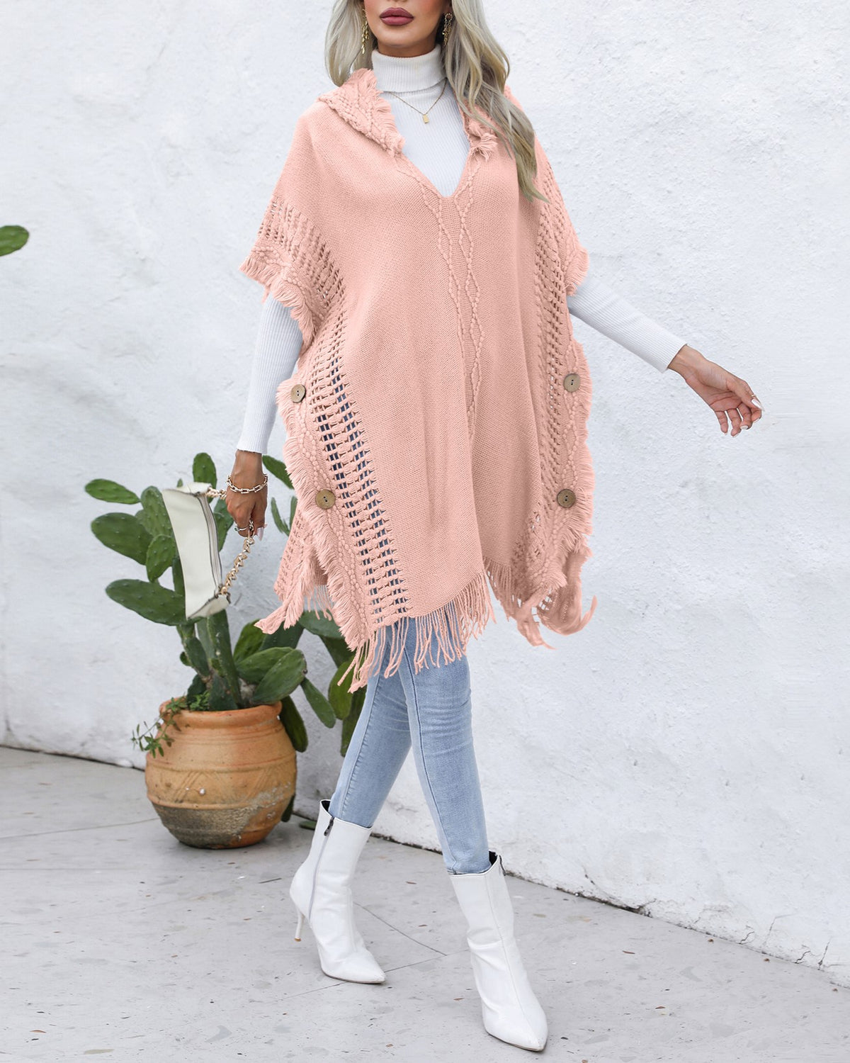 Hooded Fringe Trim Knit Poncho Wrap - pink - 1