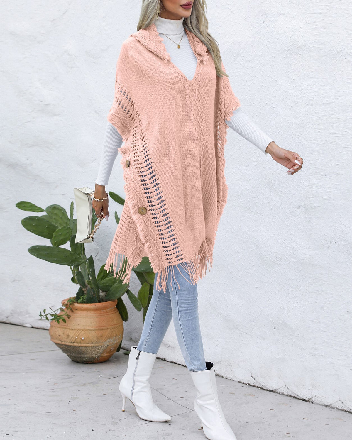 Hooded Fringe Trim Knit Poncho Wrap - pink - 2