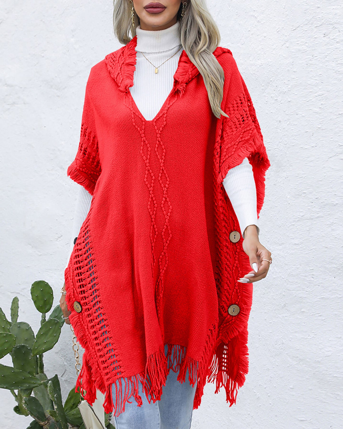 Hooded Fringe Trim Knit Poncho Wrap - red