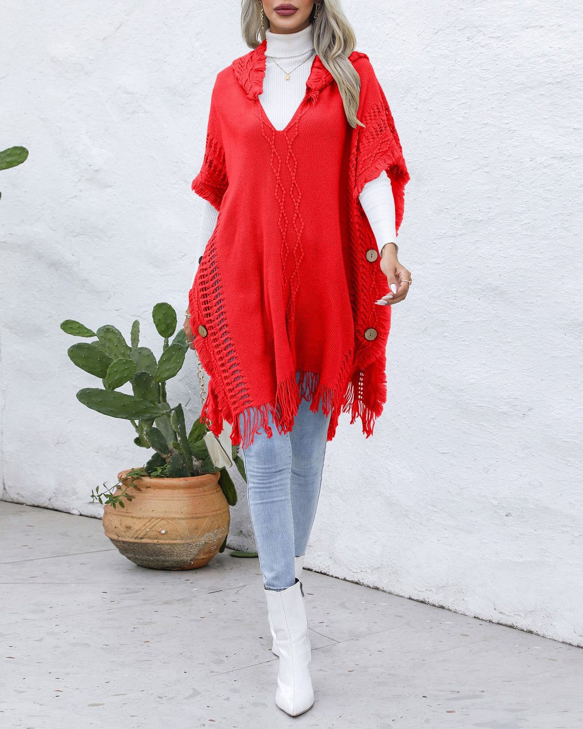 Hooded Fringe Trim Knit Poncho Wrap - red - 1