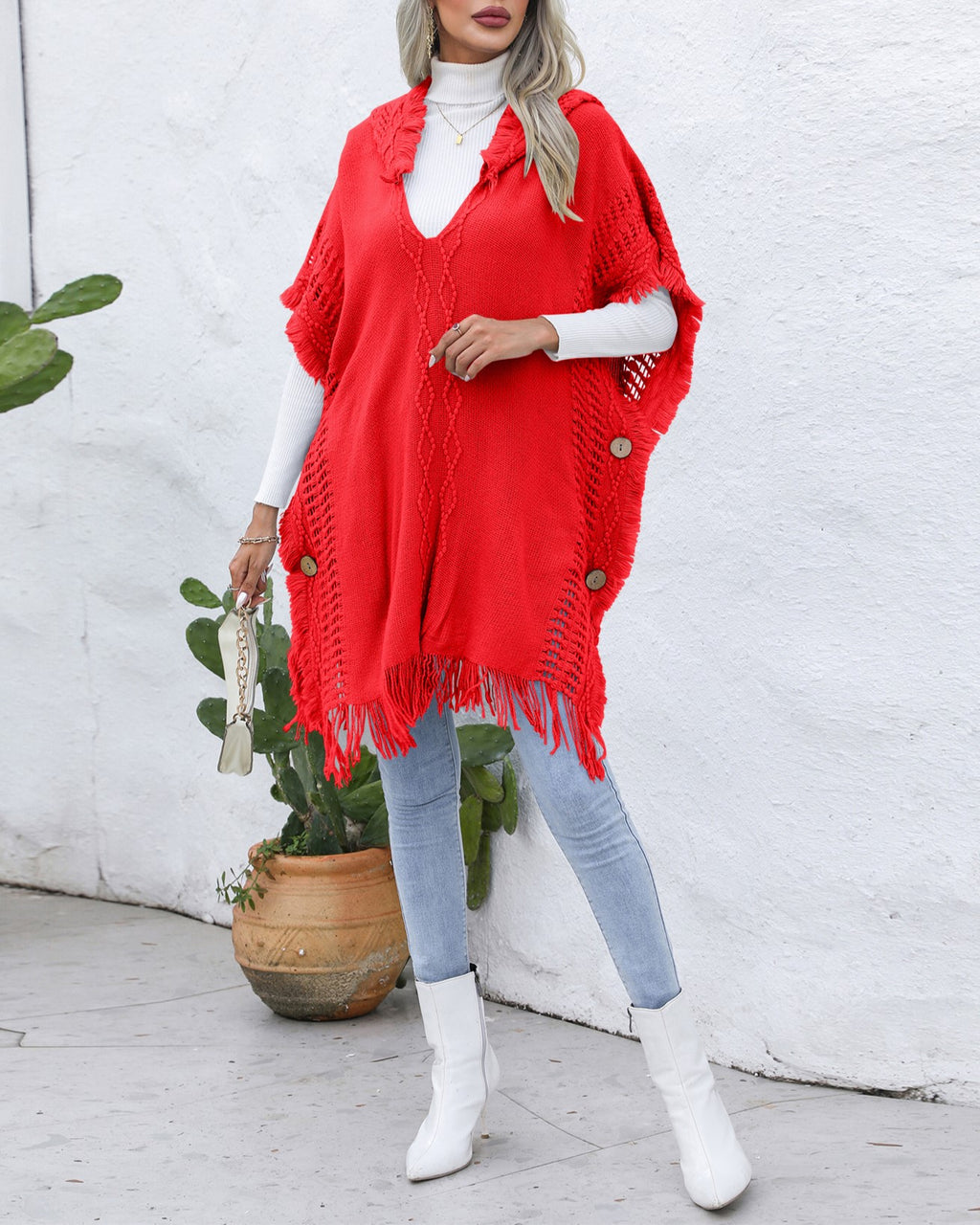Hooded Fringe Trim Knit Poncho Wrap - red - 2
