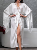 Belted Satin Nightgown With Lace Bell Sleeves - White