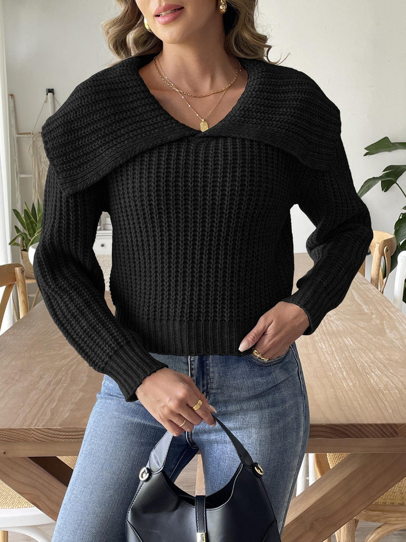 Fold Over Collar V Neck Ribbed Sweater - Black