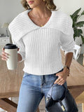 Fold Over Collar V Neck Ribbed Sweater - White