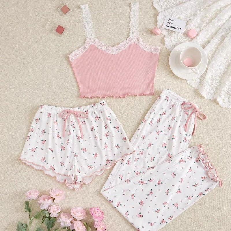 Lace Cami Floral Shorts Three Piece Pyjama Set - Pink
