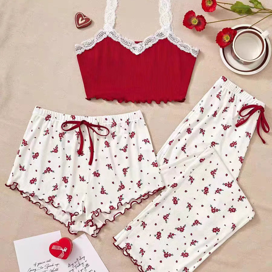 Lace Cami Floral Shorts Three Piece Pyjama Set - red