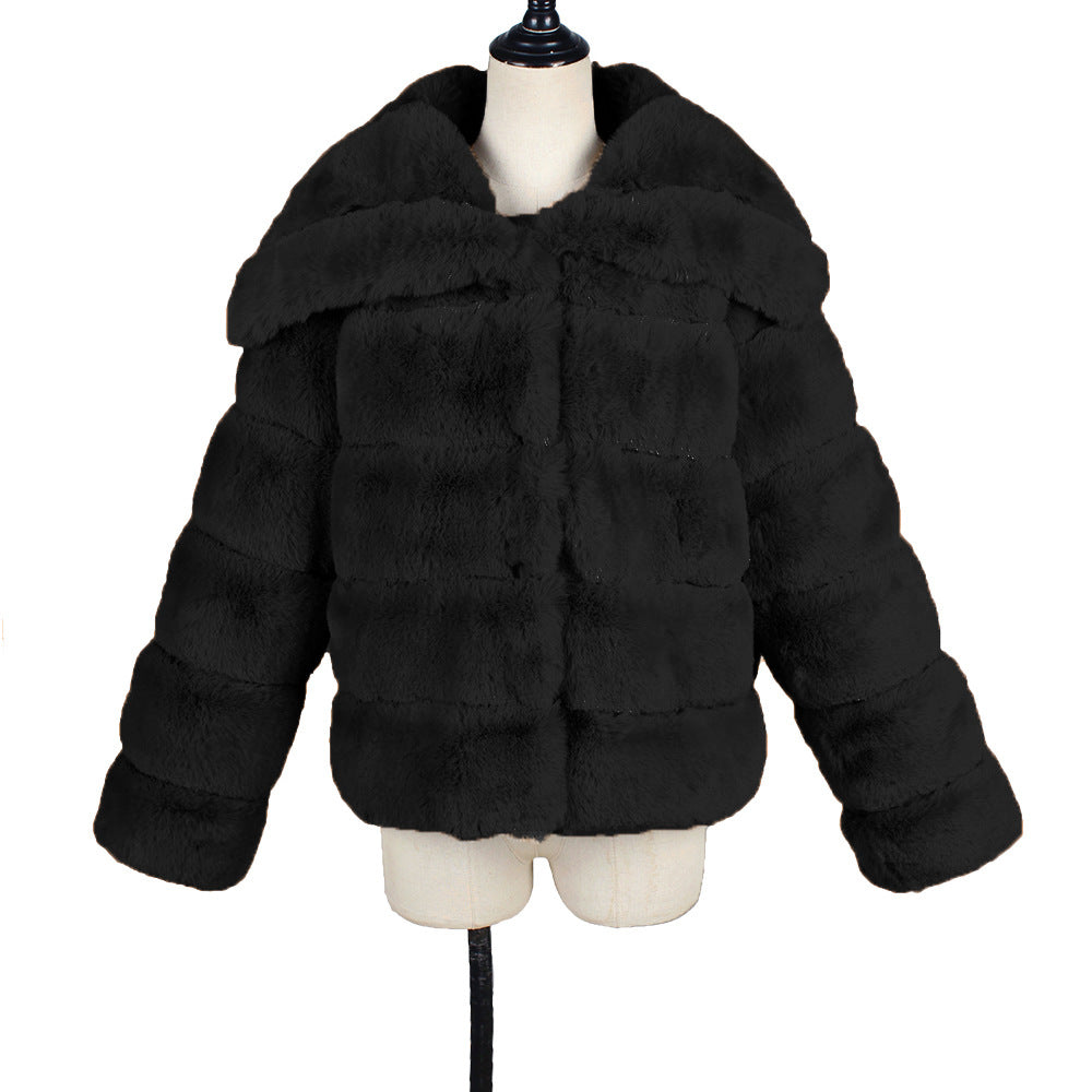 Wide Collar Ribbed Plush Faux Fur Coat - Black