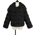 Wide Collar Ribbed Plush Faux Fur Coat - Black