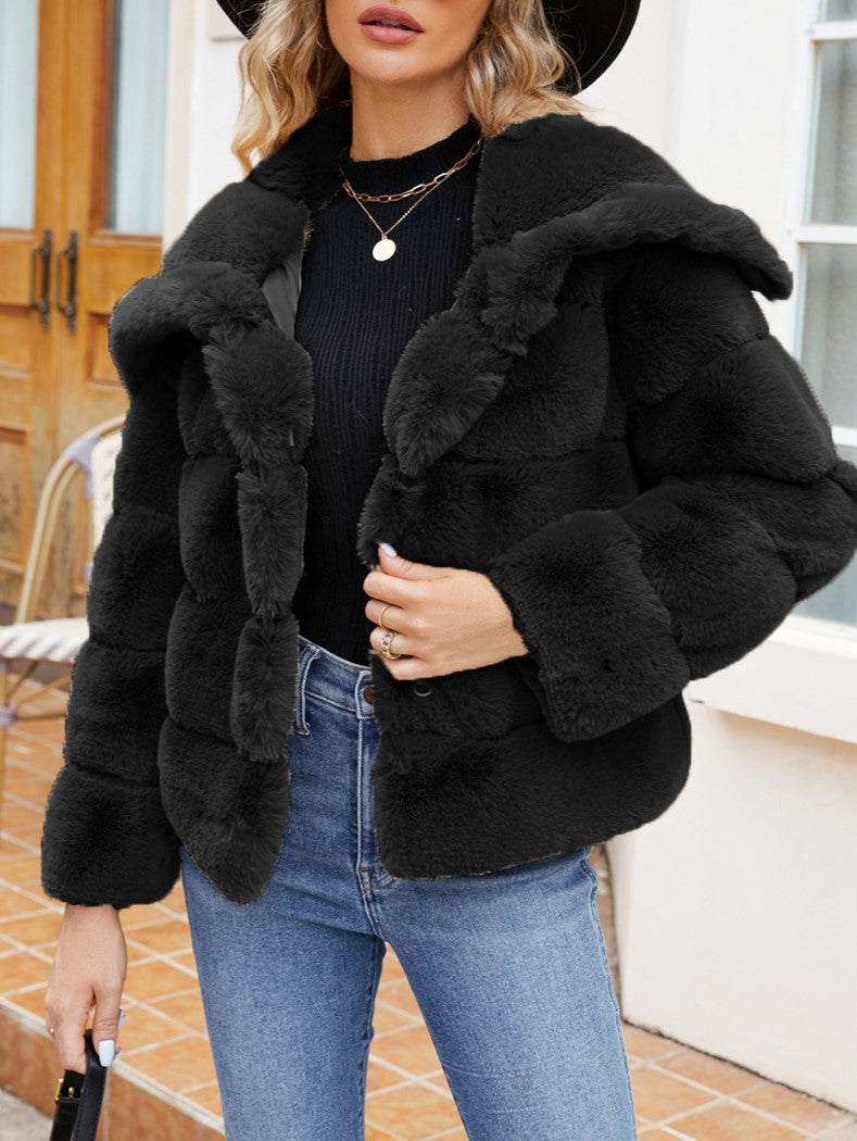Wide Collar Ribbed Plush Faux Fur Coat - Black - 1