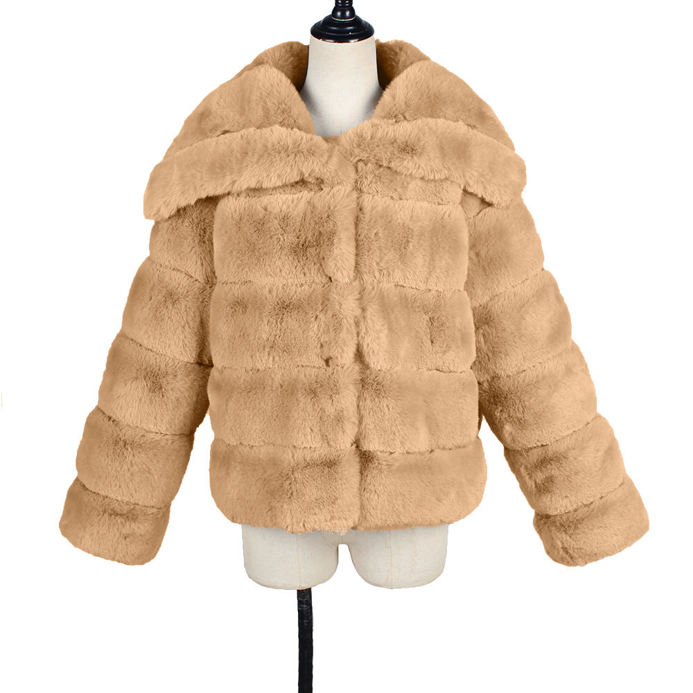 Wide Collar Ribbed Plush Faux Fur Coat - Curry