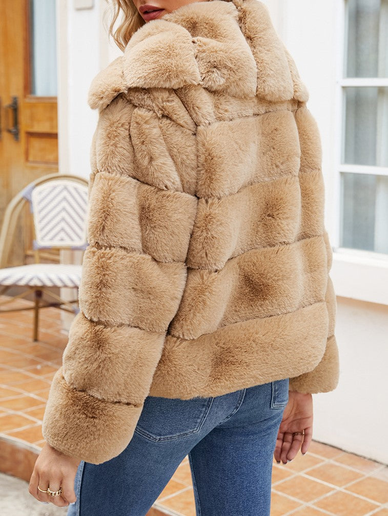 Wide Collar Ribbed Plush Faux Fur Coat - Curry - 1