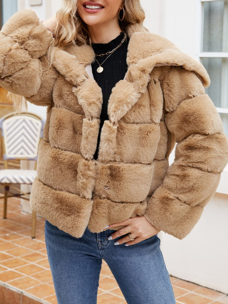 Wide Collar Ribbed Plush Faux Fur Coat - Curry - 2