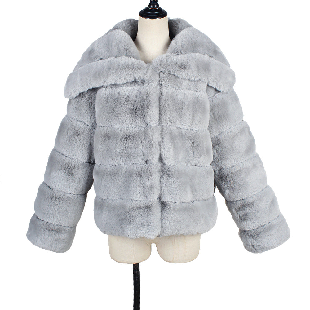 Wide Collar Ribbed Plush Faux Fur Coat - Grey